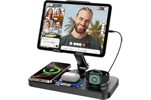 KOPIDOE 6 in 1 Wireless Charger for Apple Device, 30W Foldable Wired Charging for ipad with Clock & 7 Color Ambient Light, Nightstand Charger Station for iPhone 16/15/14/iWatch Series/AirPods 4/3(Black)