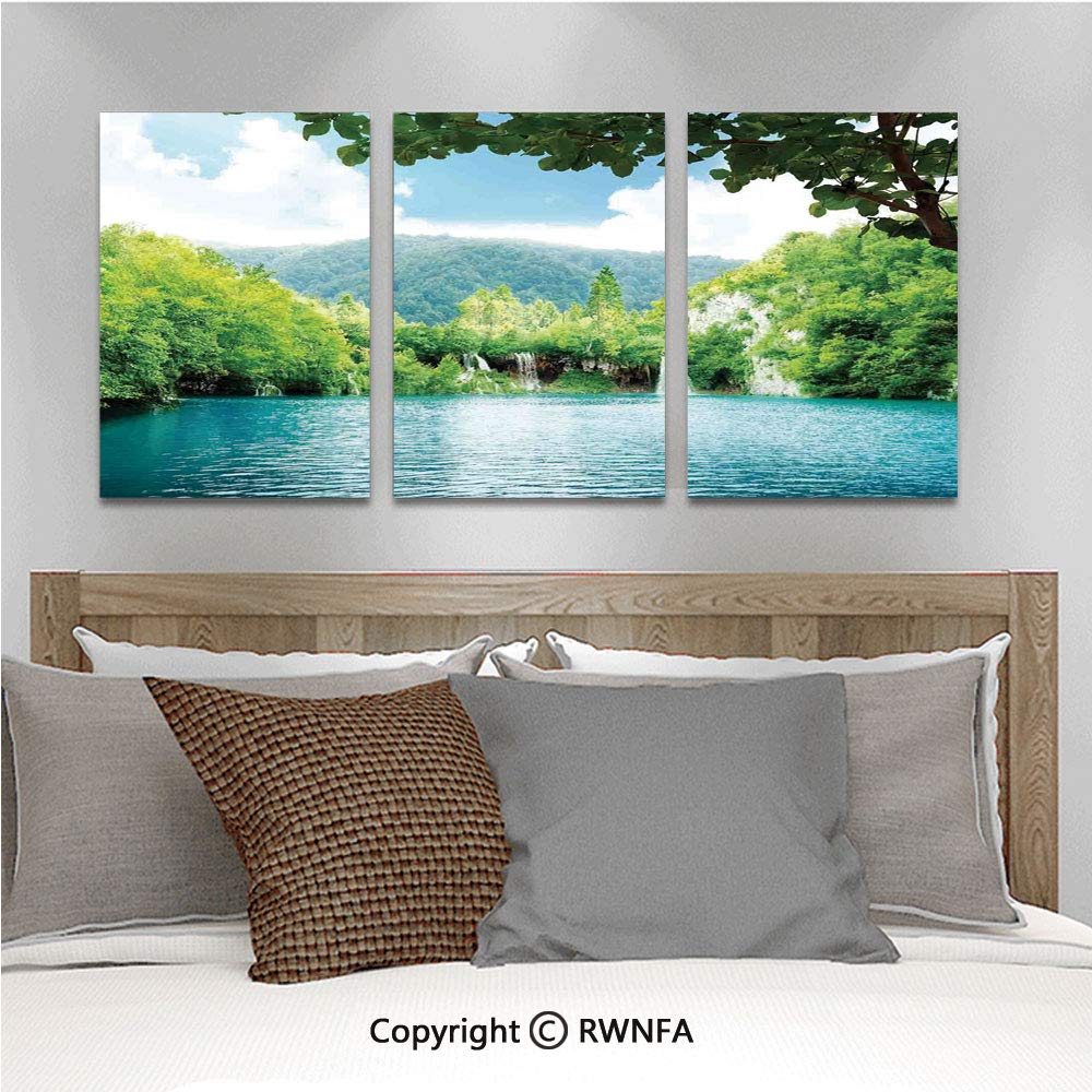 3pcs/Set Oil Painting Wall Art Lake in Deep Forest Fed by Several Waterfalls in Summer Cubism Printed on Canvas Picture Modern Art for Home Decoration 13.8x19.7inch,