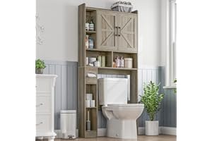 Vabches Over The Toilet Storage Cabinet, Farmhouse Storage Cabinet Over Toilet with 2 Barn Door & Toilet Paper Holder Stand，Home Space-Saving Toilet Rack, for Bathroom, Restroom, White