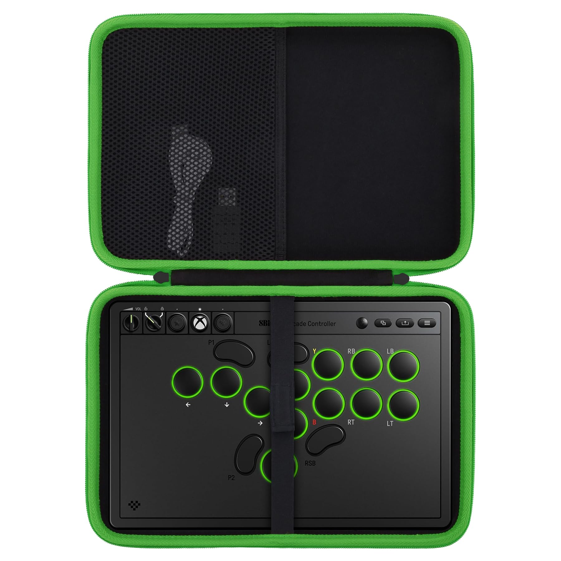 co2CREA Carrying Case Compatible with 8BitDo All-Button Arcade Controller (Black Case + Green Zipper)