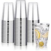 BESTVIP 12oz Silver Plastic Cups, 100 Pack Silver Rimmed Disposable Cups, Heavy-duty Party Cocktail Glasses for Christmas, Plastic Cups for Party, Holiday, Wedding and Birthday