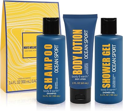 BODY & EARTH Mens Skincare Gift Set 3pc Ocean Scent Shampoo Body Lotion Wash
