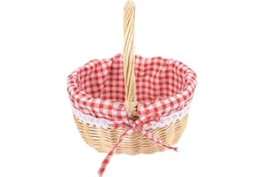 Ciieeo Woven Picnic Basket with Linen Liner Small Red Plaid Food Storage Bag for Fruits Snacks and Bread Rattan Storage Basket