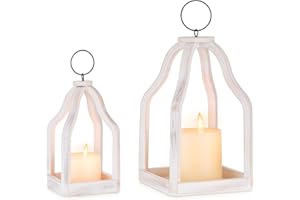 Staymoment Wood Lanterns Decorative Indoor: Farmhouse Hanging Candle Holder Set of 2 Brown Table Centerpiece Fireplace Mantle Shelf 11" & 8" Rustic Home Decor Fall Ornaments Whitewashed