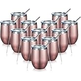 COMOOO Rose Gold Stainless Steel Wine Tumbler Bulk with Lid and Straw 12oz Double Wall Vacuum Insulated Travel Tumbler Cup for Coffee Wine Cocktails Ice Cream Cup Rose Gold, 12 pack