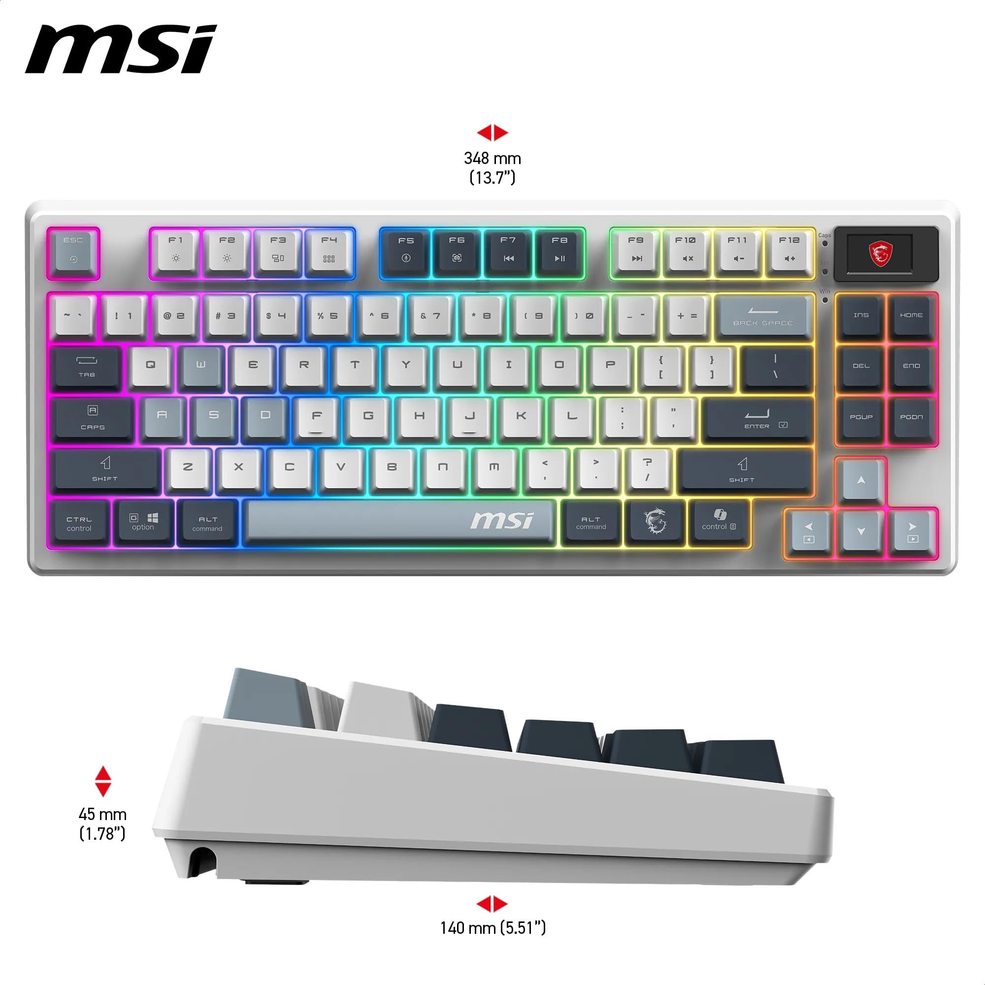 MSI Forge GK600 TKL Wireless Sky QWERTZ, DE Layout – MECHANISCHE LINEARE SWITCHES – PBT-Tastenkappen mit Farbsublimationsdruck, rutschfeste Unterseite, RGB-LED, Bluetooth, 2,4 GHz – ohne Ziffernblock 7