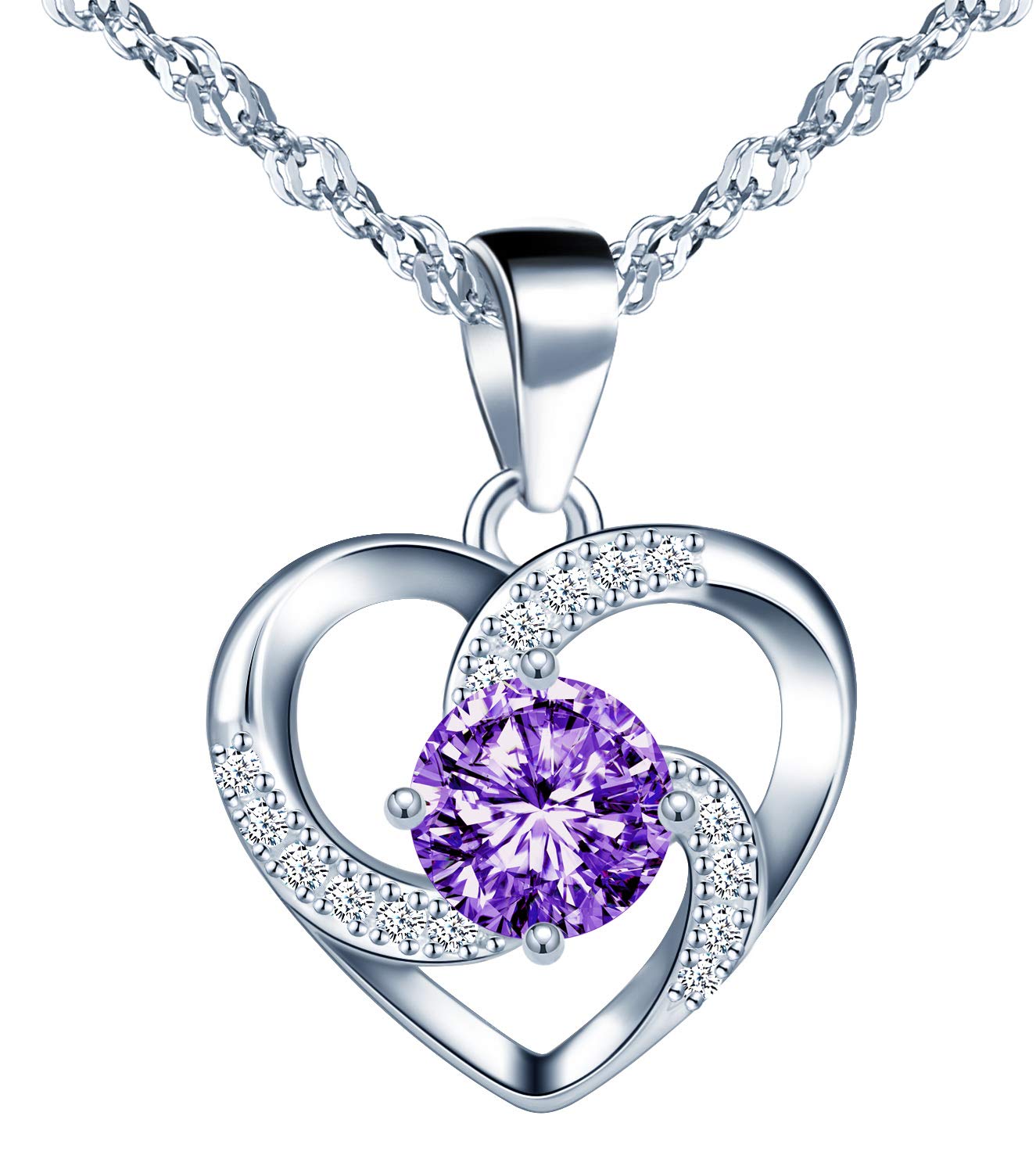 MicLee Women's 925 Sterling Silver Necklace,Purple zircon heart necklace pendant, Inlaid shiny zircon, elegant, gift for Birthday, Valentine's Day and Christmas