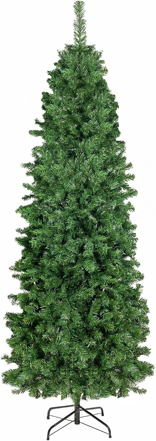 Trees - YuleYard 6.5ft Pencil Christmas Tree, Slim Artificial Spruce Tree for Small Spaces, Ideal for Modern Decor and Festive Ambiance