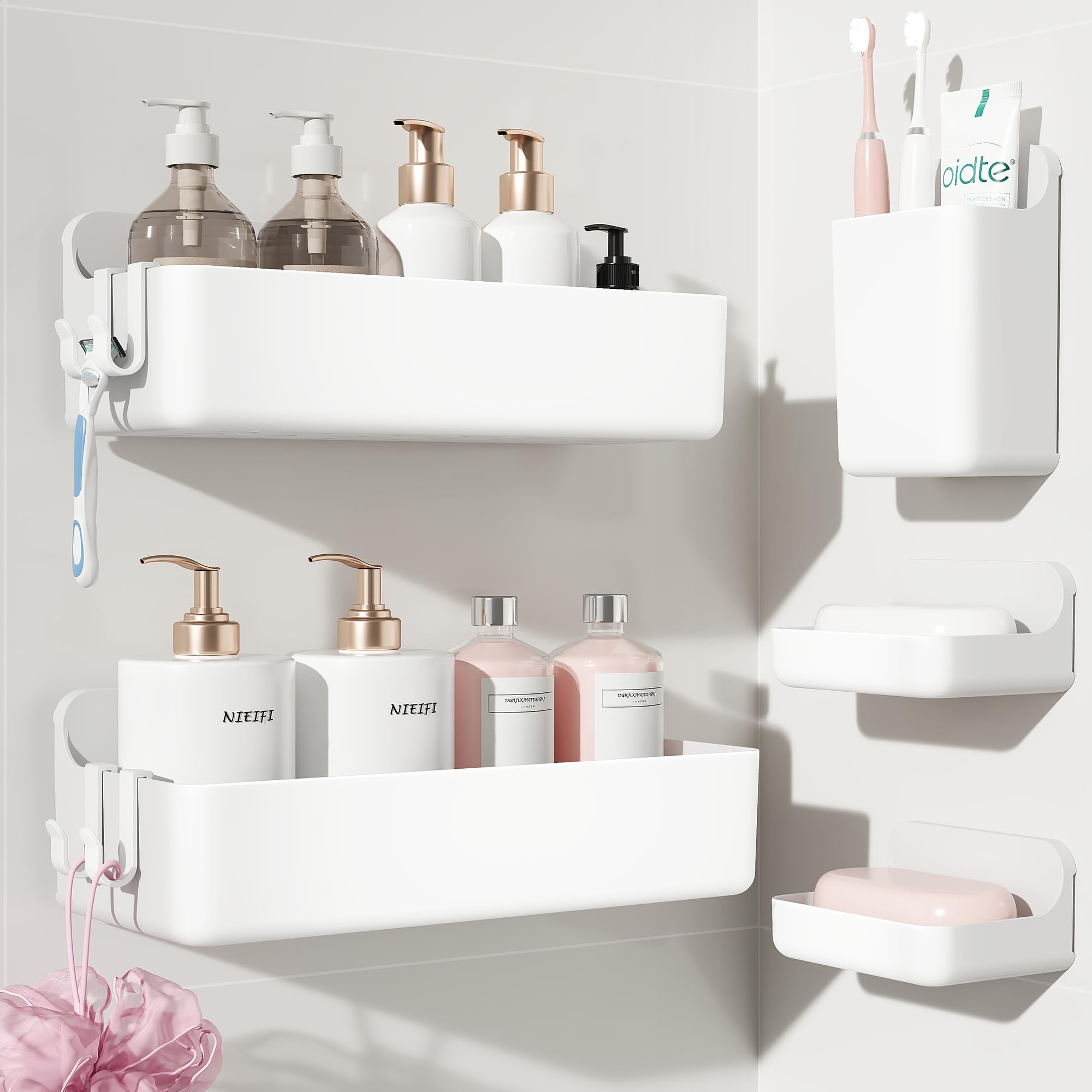 Photo 1 of Nieifi Adhesive Wall Shelf, Shower Sheves 5 Pack with Soap Holder, Shower Organizer for Bathroom Organization, White