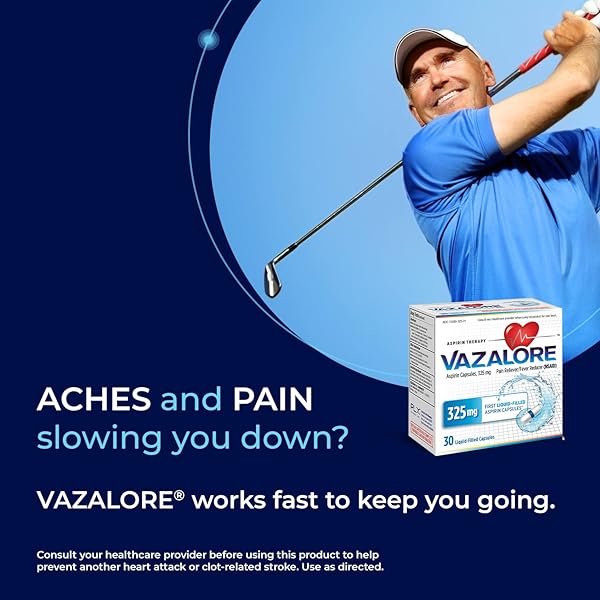VAZALORE® ASPIRIN 325MG FOR ADULTS | FAST PAIN RELIEF & FEVER REDUCER | IMMEDIATE RELEASE LIQUID-FILLED CAPSULES TO HELP PROTECT STOMACH | 30 COUNT