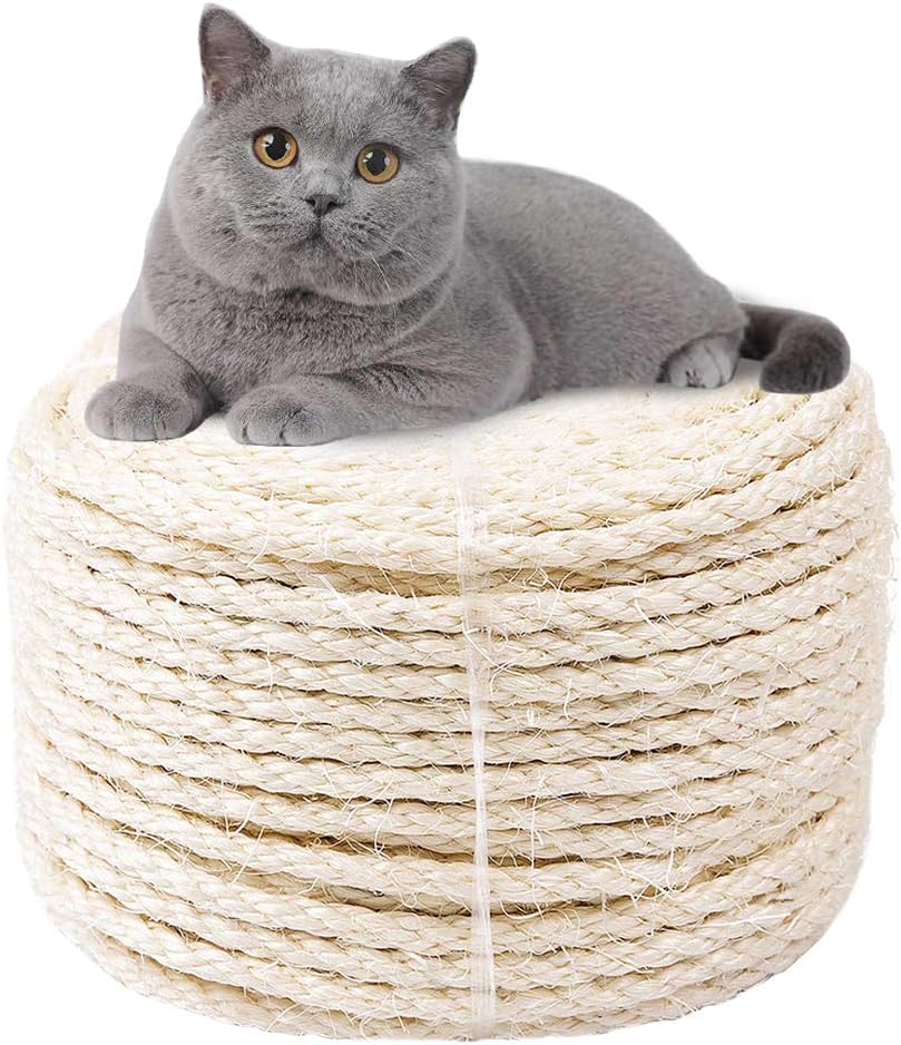 6MM Sisal Rope for Repair and Replacement of Cat Scratching Post, Cat Tree, Cat Scratch Pad/Mat/Kicker Toy, Pipe/Stairs/Tire Wrapping, Home Decoration, 6MM*30M, White