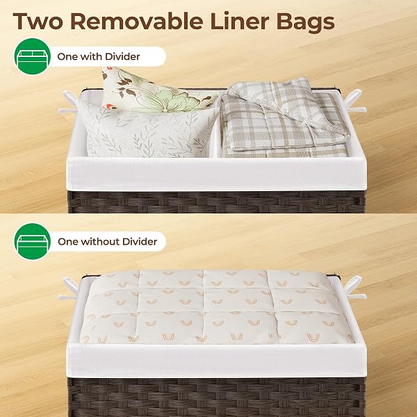 GREENSTELL STORAGE BASKET WITH LID, 42.3 GALLON(160L) LAGRE WICKER BLANKET STORAGE BASKET WITH HANDLES, FOLDABLE, 2 REMOVABLE LINER BAGS, METAL FRAME, FOR BEDROOM, LAUNDRY ROOM, BROWN, 30″*18.1″*18.1″
