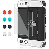 Improved Version - FANPL Transparent Case for Nintendo Switch OLED Model 2021, Protective Case Cover Compatible with Switch OLED, Clear Crystal Flip Shell with 1 Screen Protector 8 Thumb Grip Caps