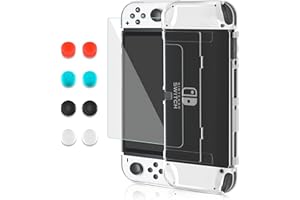Improved Version - FANPL Transparent Case for Nintendo Switch OLED Model 2021, Protective Case Cover Compatible with Switch OLED, Clear Crystal Flip Shell with 1 Screen Protector 8 Thumb Grip Caps