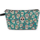 YULUENZE Floral Skull Makeup Bag Cute Small Organizer Bag with Zipper Mexican Folk Art Sugar Skull Cosmetic Bag Aesthetic Birthday Present for Women Friends -1