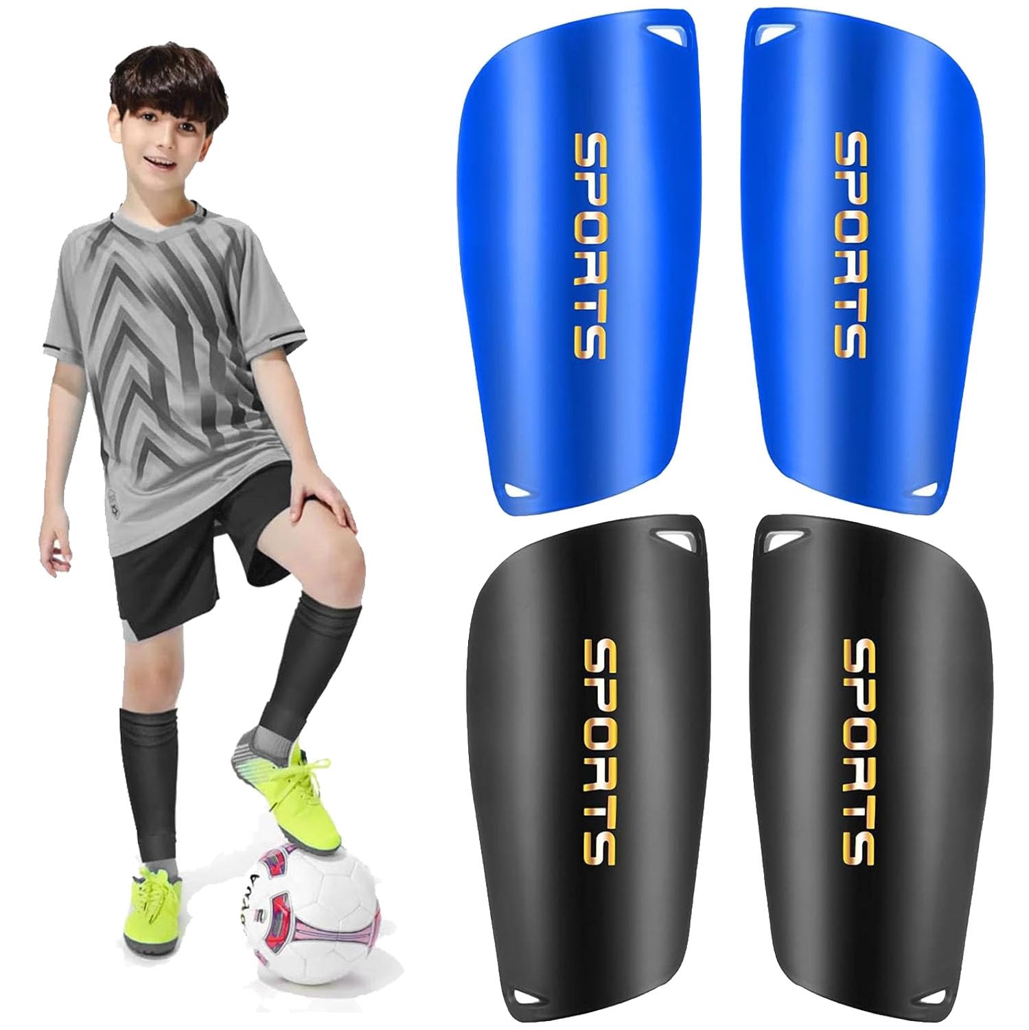 Photo 1 of 2 Pair Soccer Shin Guards Kids Youth, Shin Pads for 3-15 Years Old Boys and Girls Football Games EVA Cushion Protection Reduce Shocks and Injuries Lightweight Equipment (Black and Blue, M)