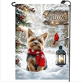 Winter Yorkie Garden Flags 12x18 Double Sided, Small Burlap Holiday Snow Cardinal Dog Garden Flag Winter Christmas Outdoor Yard Decorations Porch Lawn Flags for Outside