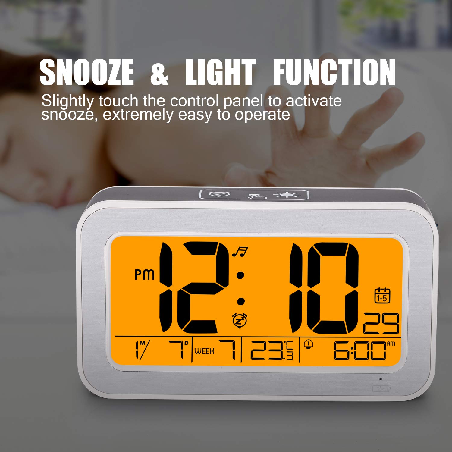 LCD Music Alarm Clock, Digital Clock for Bedroom with Dimmer, Snooze,Rechargeable Clock with Dual Alarm, Smart Touch Backlight,Adjustable Alarm Volume