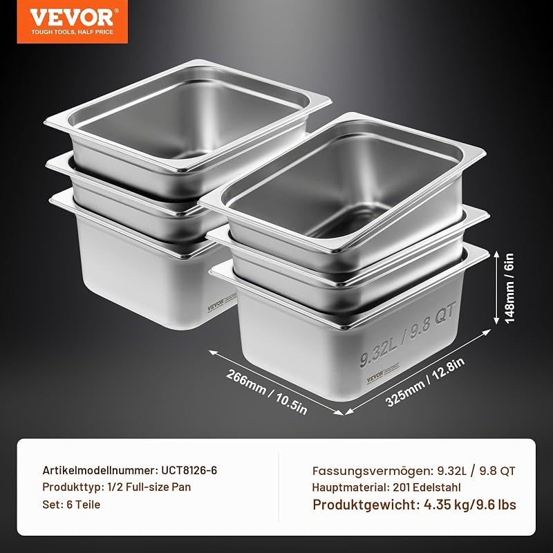 GN 1/2 Gastronormbehälter, Edelstahl Behälter 6 Stk. 325 x 266 x 148 mm Speisebehälter, kommerzieller Dampfpfanne Warmhaltebehälter, Hotelpfanne Tisch Food Pan Buffet