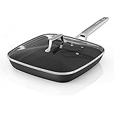 MsMk Square Grill Pan with lid, Stay-Cool Handle, Each Ridge Nonstick, Oven Safe Dishwasher Safe Induction Grill pans for Stove Tops, Square Frying Pan, Bacon Pan, Indoor Chicken Skillet, 11-Inch