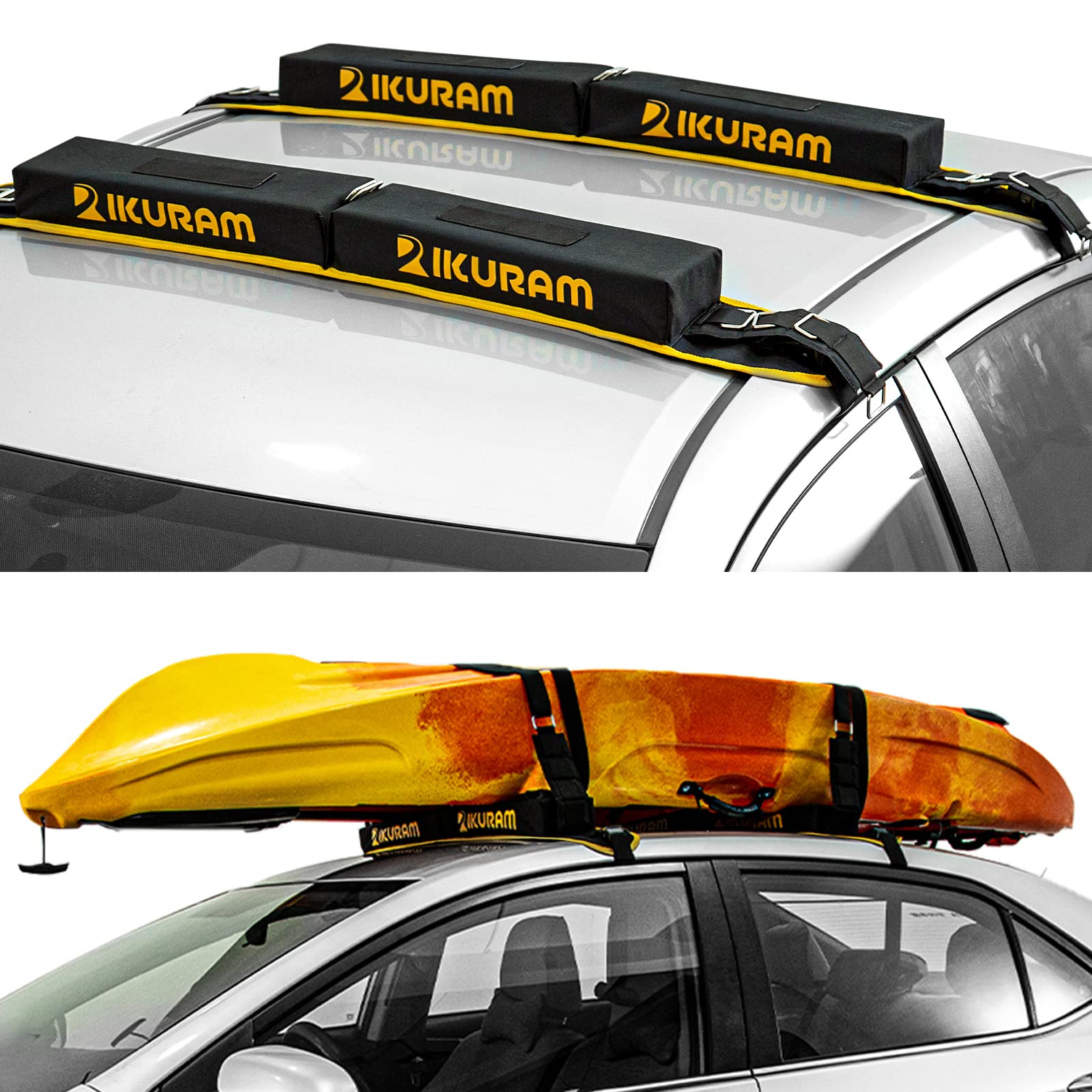 Photo 1 of IKURAM Surfboard Car Roof Rack Pads, Universal Soft Roof Rack Carrier for Kayak Paddle Board SUP Canoe Ladder with 6 Heavy Duty Tie-Down Straps, Storage Bag