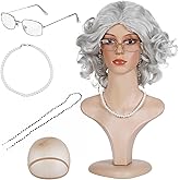 Sucrain 5PCS Old Lady Gray Wigs Set Short Grey Curly Grandma Wig Include Wig Cap Grandmother Wig Glasses Artificial Pearl Necklace Glasses Chain for Cosplay Party Halloween