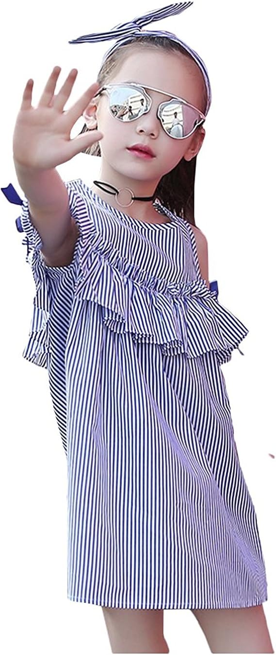Amazon Ly Vigor お洒落な子供服 オフショルダーワンピース キッズ 女児用 柔らか可愛い ストライプ柄 リボン付 半袖 肩だし 子ども服 ワンピース チュニック 通販