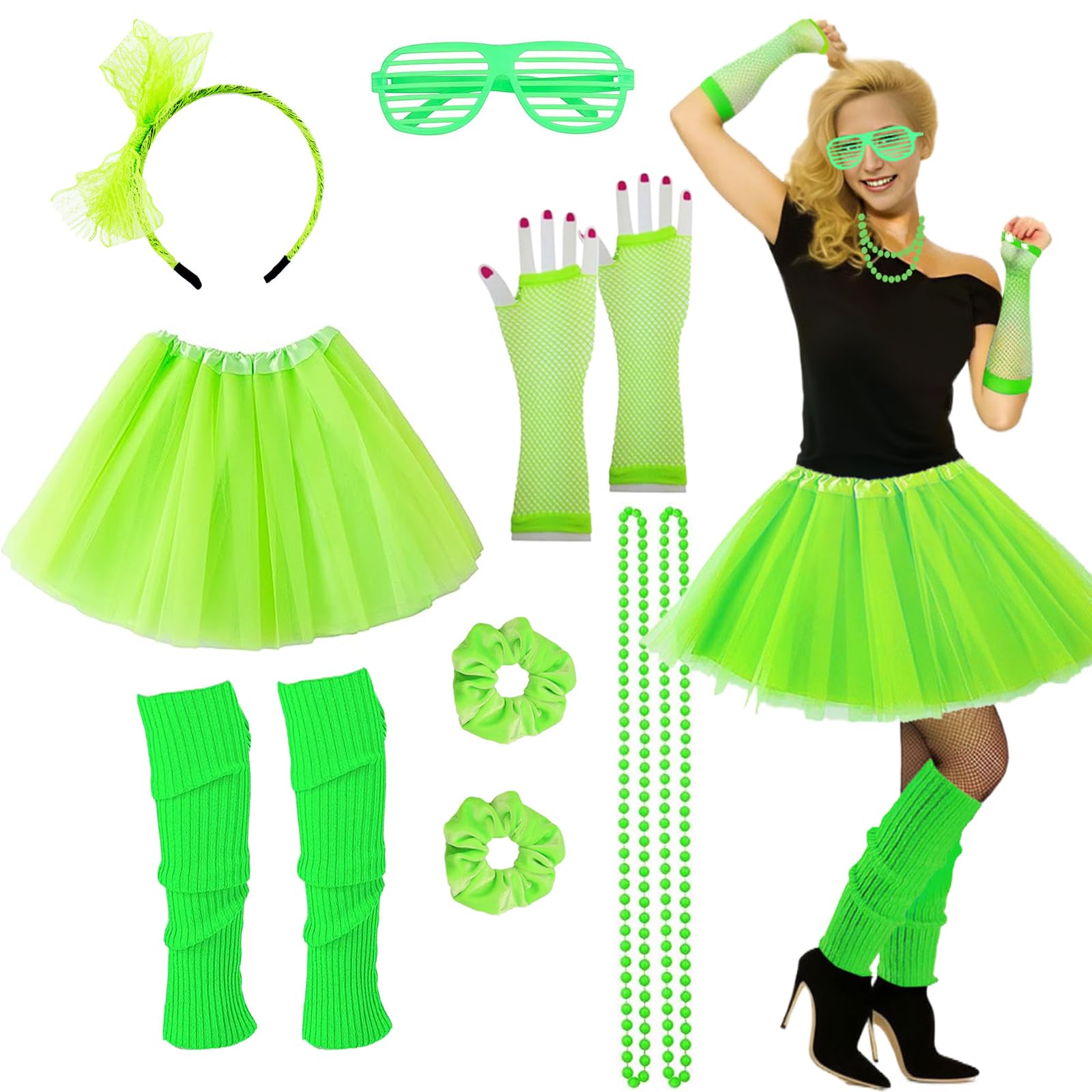 Photo 1 of 80s Outfit For Women Party 80's Accessories 7pc 70s 90s 1980s Costumes with Green Tutu Neon Leg Warmers 80s Neon Scrunchies Gloves Necklace Shutter Glass for Cosplay Theme Party