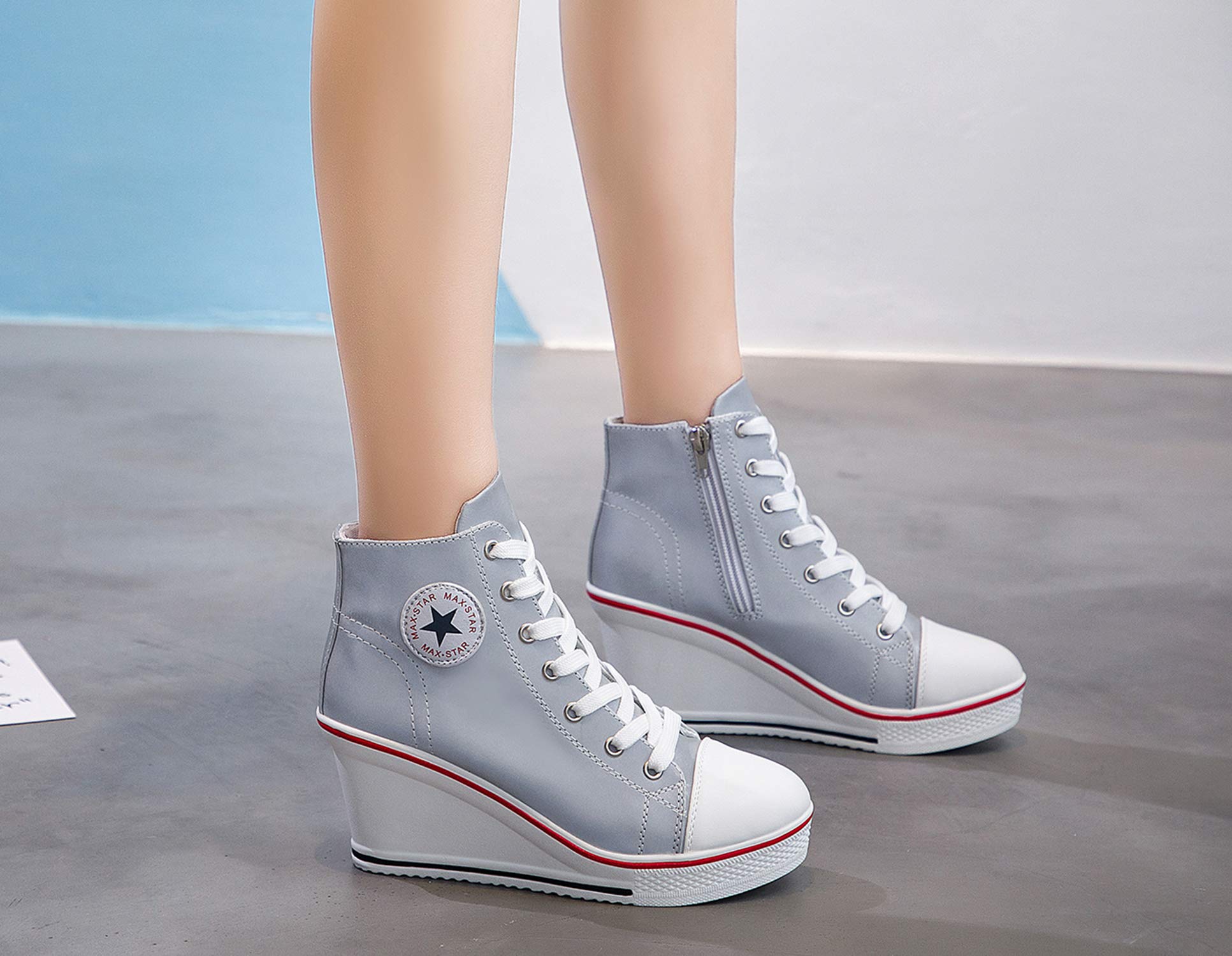 Nesyd Women's Sneaker High-Heeled Canvas Shoes High-Top Wedge Sneakers Platform Lace up Side Zipper Pump Fashion… - Image 4