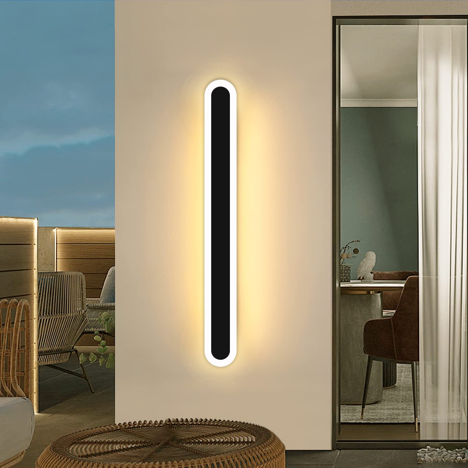 Mikeru 60CM Outdoor LED Wall Light, 22W Matt Black Long Strip Lights Waterproof Wall Mounted Tri-Color Front Door Lights with IP65 Waterproof Drive 3000k/4500k/6000k for Proch, Balcony, Garden