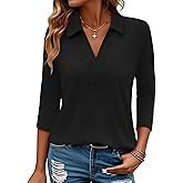 Bellcoco Women's 3/4 Length Sleeve V-Neck Collared Tops Summer Business Casual Work Polo Shirts Fashion Outfits 2026