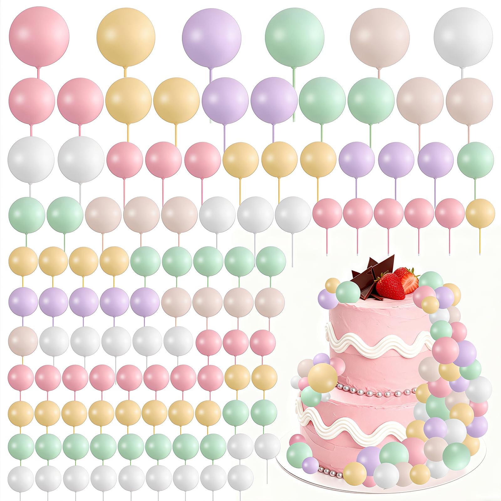 Round Ball Cake Toppers, 108 PCS Cake Balls, Ball Cake Toppers, Mini Balloons Cake, DIY Topper Insert Decoration for Wedding Party Birthday Decorating (108, Colorful) — image 1