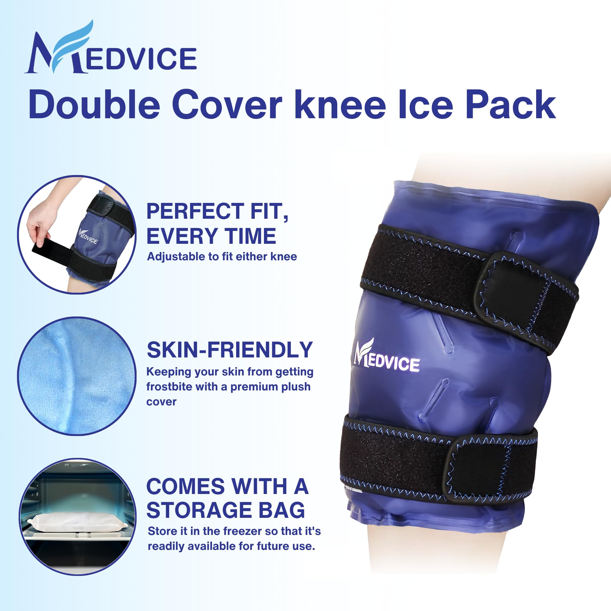 Medvice Ice Pack with Cold Compression for Knee Pain Relief, Swelling, Knee Replacement Surgery, Arthritis, and Injury Recovery, Adjustable Straps, Reusable Gel Ice Wrap for Meniscus Tear and ACL Blue