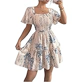 Floerns Women's Floral A Line Mini Dresses Square Neck Short Sleeve Summer Dress