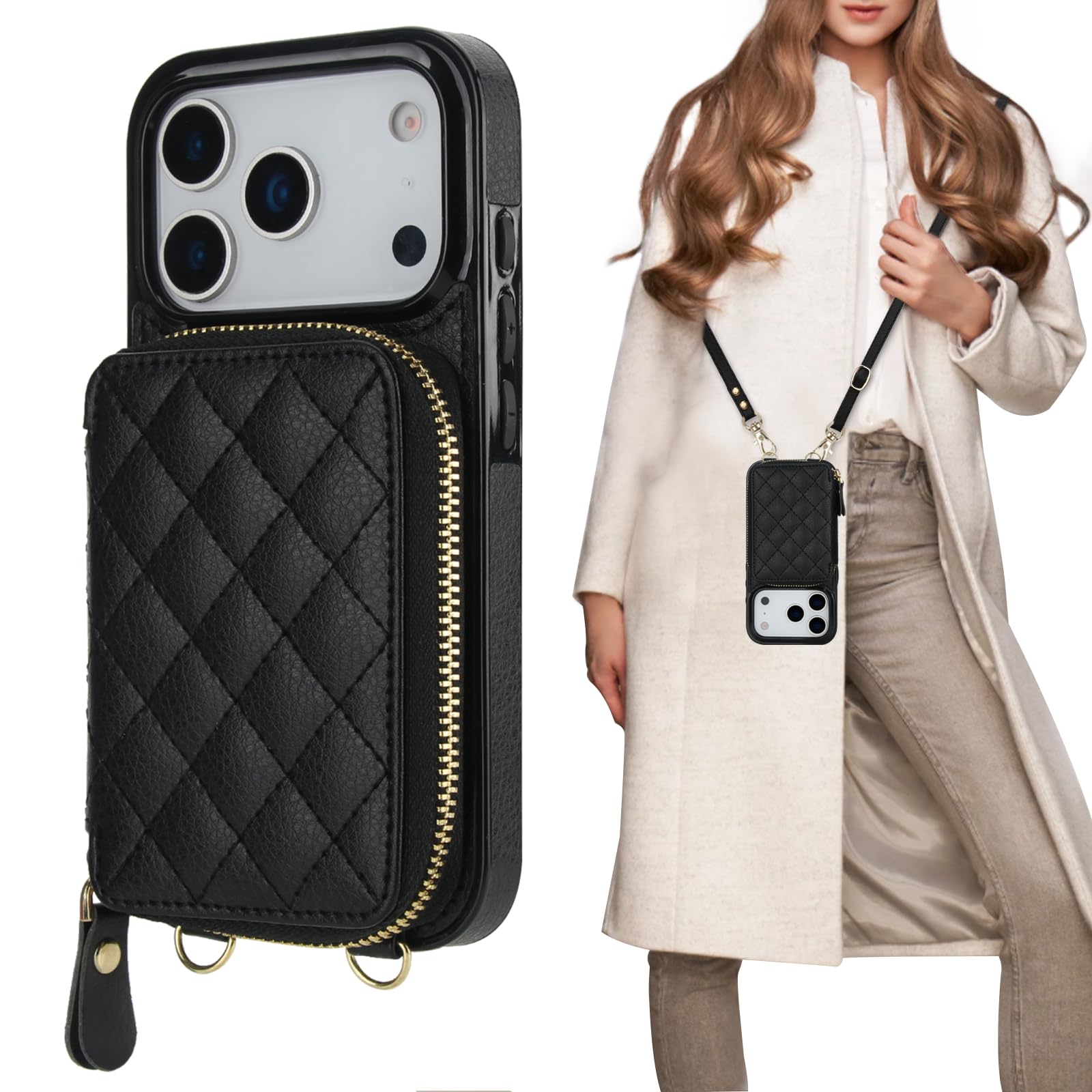Bocasal Crossbody Wallet Case for iPhone 17 Pro, RFID Blocking PU Leather Zipper Handbag Purse Flip Cover, Kickstand Folio Case with Card Slots Holder Wrist Strap Lanyard 5G 6.3 Inch (Black)
