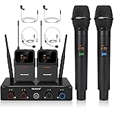 MELONARE 4-Channel Wireless Microphone System,UHF Cordless Mic Set w/ 4x10 Frequencies, 200ft, 2 Handheld Dynamic Mics, 2 Bodypacks & Headset/Lapel Microphones for Singing, Karaoke, DJ (MWM-41-2H2B)