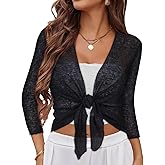 Women Crop Cardigan Sheer Mesh Bolero Shrug for Dress Tie Front 3/4 Sleeve Tops