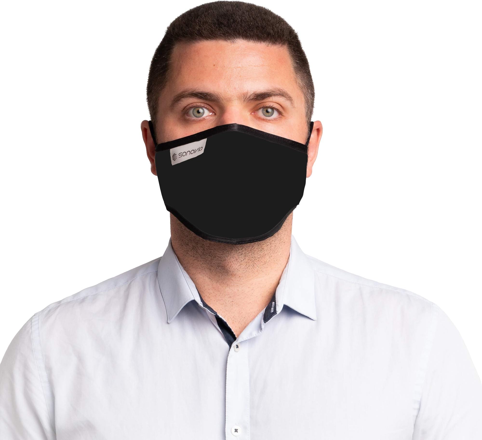 SONOVIA SonoMask Men Face Mask Nose Clip Inside wire Reusable Dual Layer Face Masks, Made in Israel (1, Men Ear Loop Black)