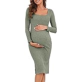 LAHILO Long Sleeve Maternity Sweater Dress for Fall Winter, Knit Ribbed Maternity Bodycon Dress