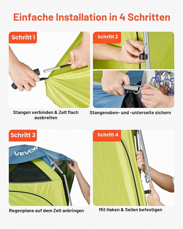 Duschzelt mit 1 Raum, Toilettenzelt (1397x1397x2184 mm) Umkleidezelt inkl. Heringen & Seilen & Tragetasche & Stahlstange, aus 200D Oxford-Gewebe für Camping Strand Angeln Grün