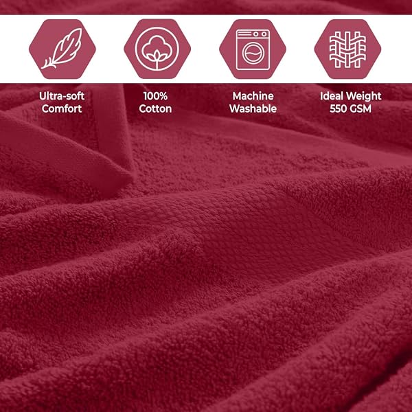 QUBA LINEN PACK OF 8 TOWELS SET, 2 LARGE BATH TOWELS, 2 HAND TOWELS, 4 WASH CLOTHS, 100% COTTON, LIGHTER WEIGHT, QUICKER TO DRY, SUPER ABSORBENT, PERFECT FOR BATHROOM (BURGANDY)