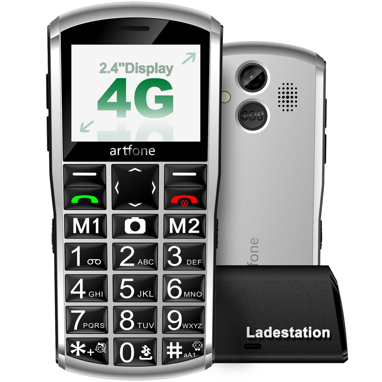 artfone A400 4G Volte Seniorenhandy ohne Vertrag | Großtasten Handy mit Notruftaste&1800mAh Akku,Dual-SIM Tastenhandy mit Tischladestation | Einfaches Mobiltelefon für Senioren, 2,4" Display | Silber