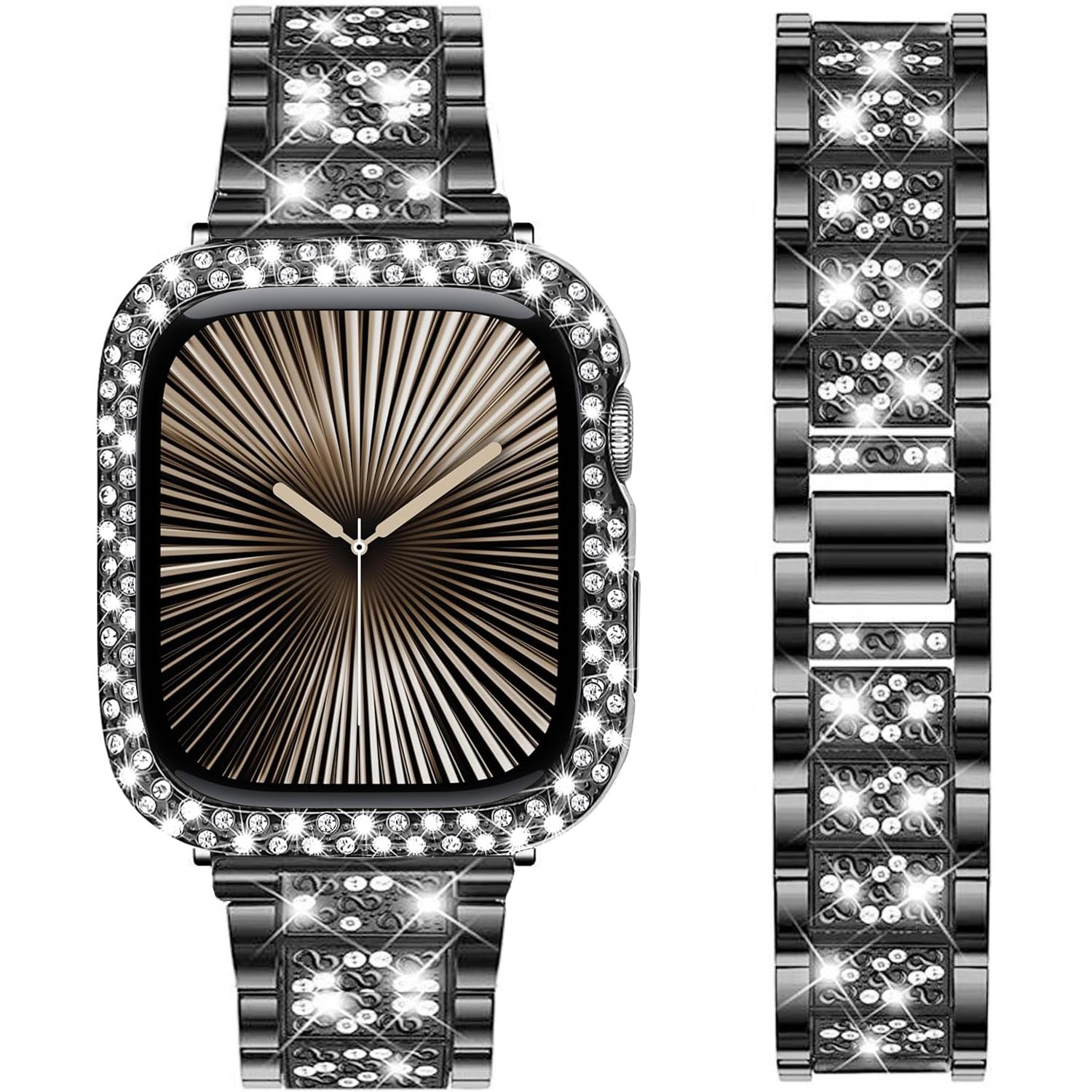 DEALELE Bands and Case Compatible with Apple Watch Series 9/8 / 7 (45mm), Bling S-Texture Diamond Metal Strap with Protective Case Cover Replacement for iWatch 45mm Women Men (Black)