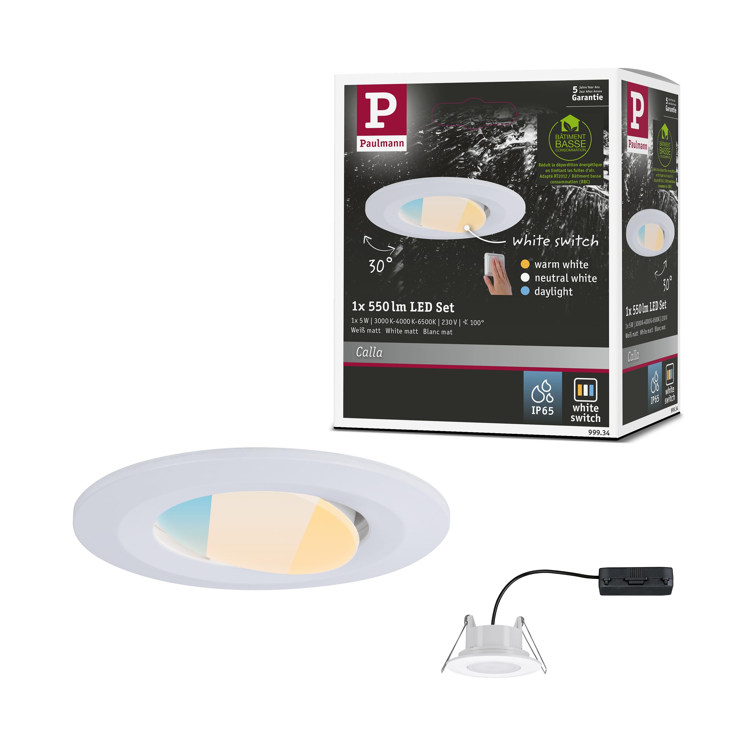 Paulmann 99934 Calla LED recessed luminaire Round incl. 1x5.5W IP65 recessed Spotlight White matt Cabinet Light Plastic recessed lamp 3000K