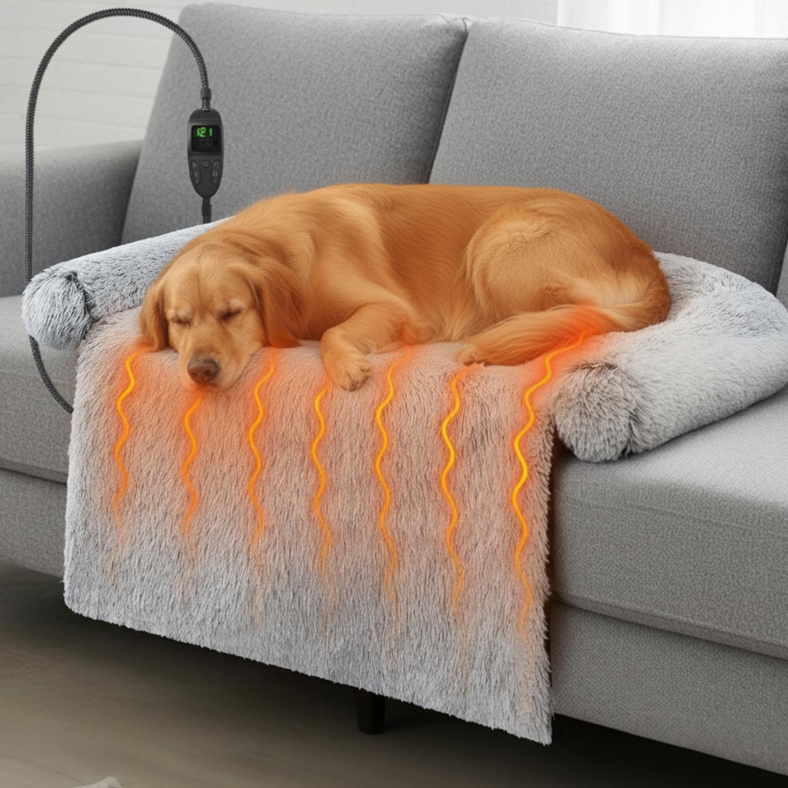 Photo 1 of Heated Dog Couch Bed for Large Size Dog Adjustable Temperature & Timer 45 x 37 x 6 in Calming Plush Fur Pet Bed Couch Cover with Electric Heating Pad Fluffy Plush Sofa Mat for Large Medium Dogs Cats