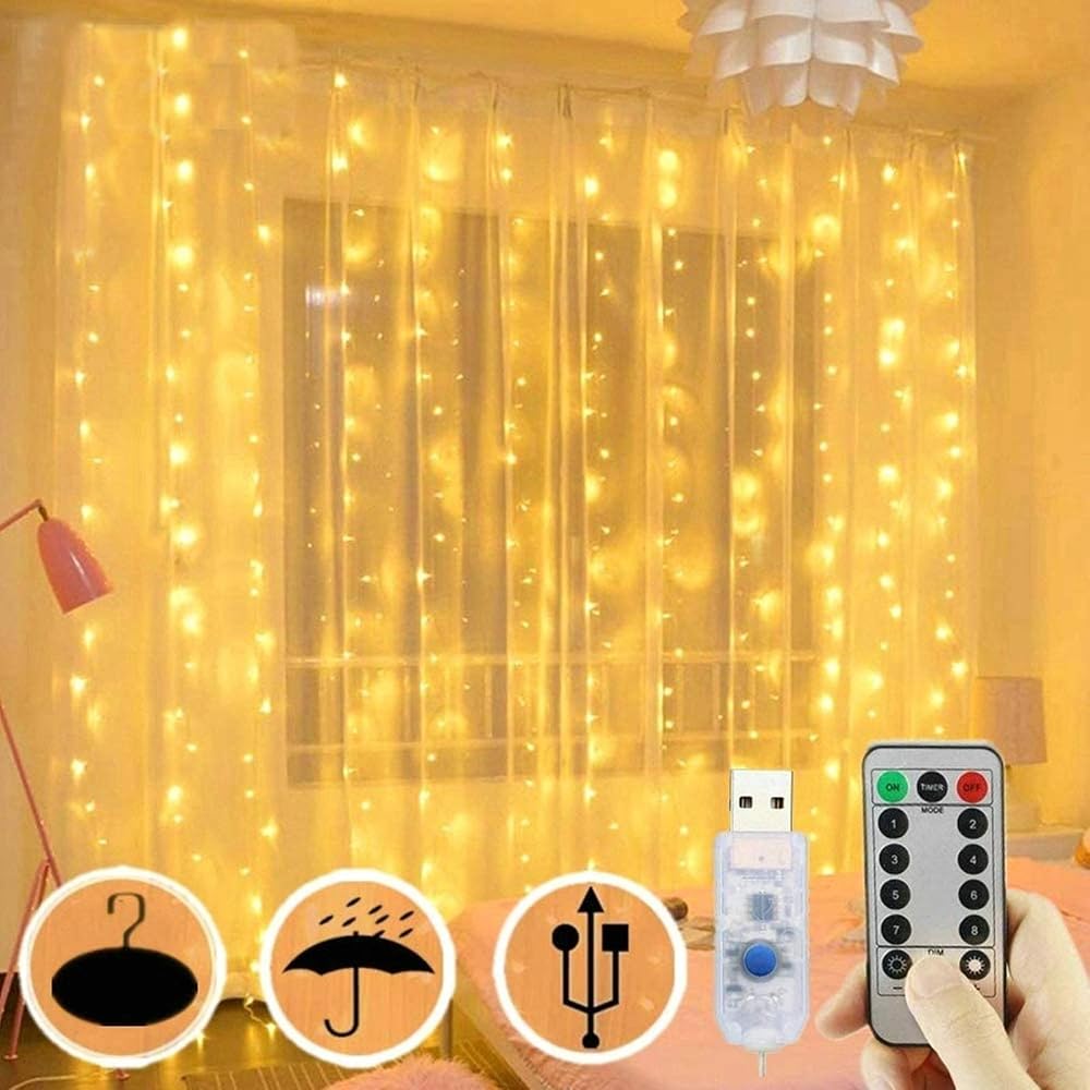 FANSIR 300LED Curtain Fairy Lights 3m x 3m USB Remote 8 Modes Warm White