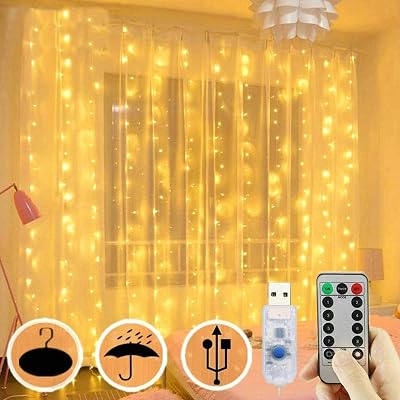 FANSIR 300LED Curtain Fairy Lights 3m x 3m USB Remote 8 Modes Warm White