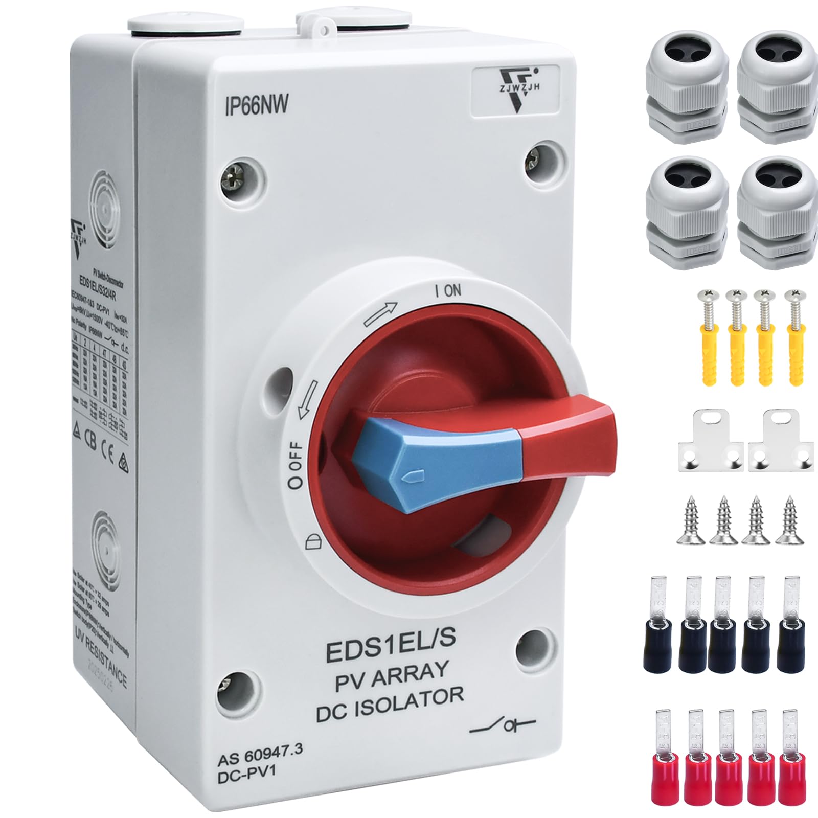 Photo 1 of Waterproof IP66 Solar Disconnect Switch 4-Pole Red DC1500V 32Amp Isolator Solar Switch with Enclosure for Rooftop Solar Systems, RVs and Boat