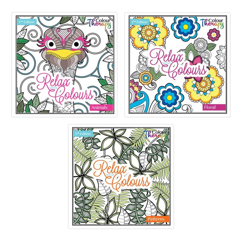 Relax With Colours - Full set of 3 Colour Therapy Adult Colouring Books - Animals, Floral & Patterns
