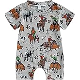 Gueuusu Country Baby Clothes Boy Girl Western Cow Print Short Sleeve Romper Bodysuit Ribbed One Piece Jumpsuit Summer Outfit